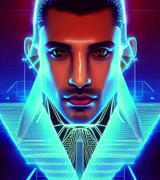 Image similar to symmetry!! egyptian king of technology, solid cube of light, hard edges, product render retro - futuristic poster scifi, lasers and neon circuits, brown skin handsome egyptian king, intricate, elegant, highly detailed, digital painting, artstation, concept art, smooth, sharp focus, illustration, dreamlike, art by artgerm