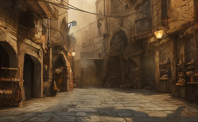 Image similar to cinematic medieval middle east alleyway, arabic, persian, dawn, market, little spice shops, bazaar, steam punk, unreal engine 5, trending on art station