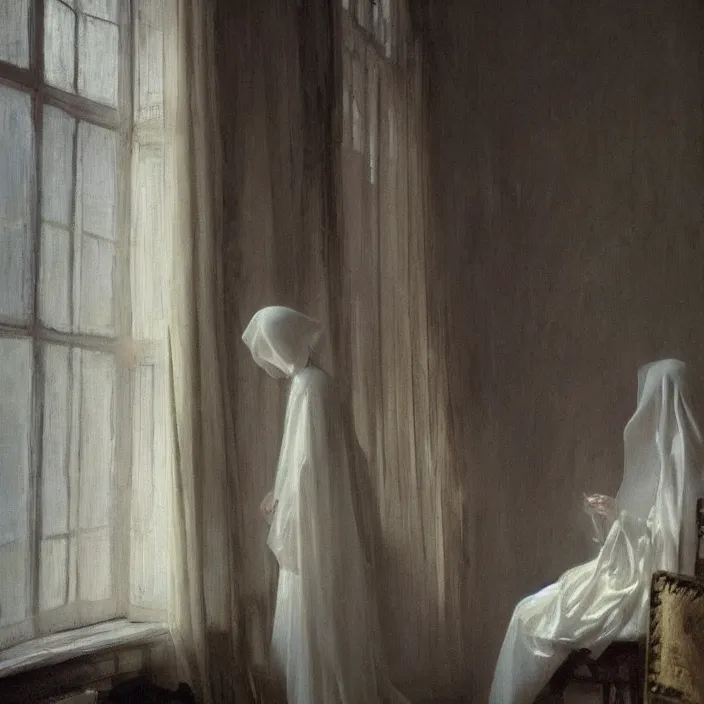 Image similar to medium shot, painting of white!! blurry!! half-transparent ghostly human figures, dark academia aesthetic, Hogwarts, magic vibes, soft lighting, by George Roux, by Vermeer, by Monet, by oil on canvas, Royal Academy, masterpiece, trending on artstation, cinematic composition, dramatic pose, beautiful lighting, sharp, details, hyper-detailed, HD