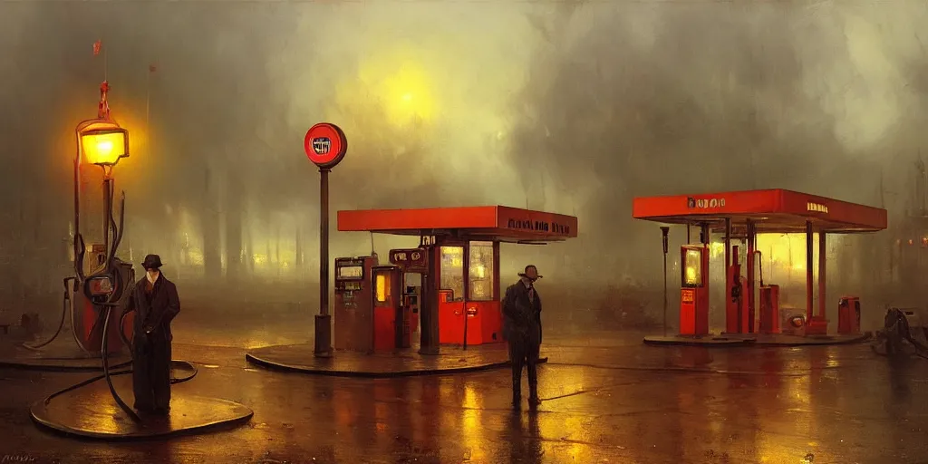 Prompt: a gas station in 1 9 4 0 with yellow and red light in the middle of the night, rainy night, a men stand up next to the pump, mystical blue fog, oil on canvas, art by andreas achenbach, clemens ascher, tom bagshaw and sabbas apterus,