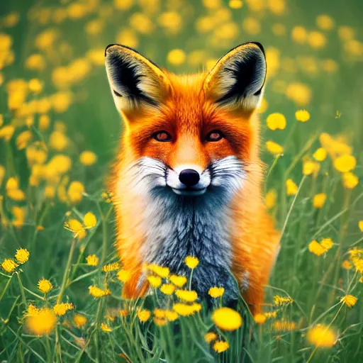 Prompt: A fox in a field of dandelions, golden hour, 50mm close up, beautiful, f/11, bokeh depth of field