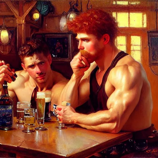 Image similar to attractive muscular mike with ginger hair with muscular attractive tyler with brunet hair, drinking their hearts out, in a pub. very defined and highly detailed painting by gaston bussiere, j. c. leyendecker, craig mullins 8 k