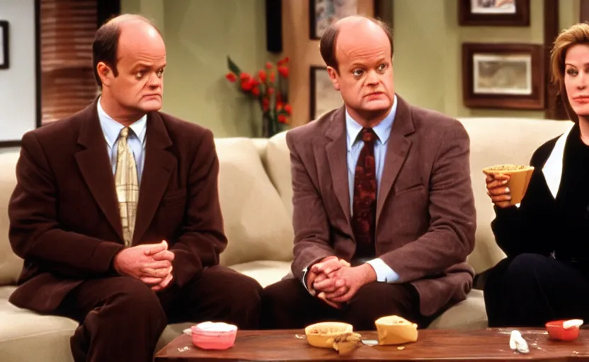 Prompt: the episode of frasier where everyone gets covered in chocolate