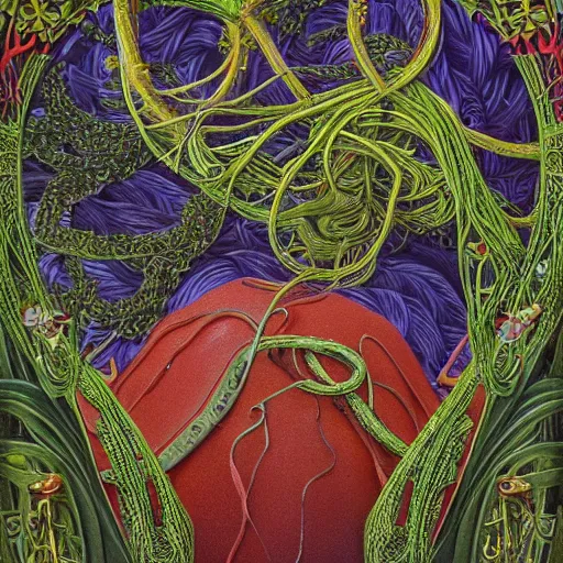 Prompt: A colorful, detailed print - A portrait of a mechanical arm, composed of plants and vines, reaching into a pile of rotting fruit. by Arnold Bocklin and Barclay Shaw, masterful print. 4k, unreal engine stunning Art Nouveau