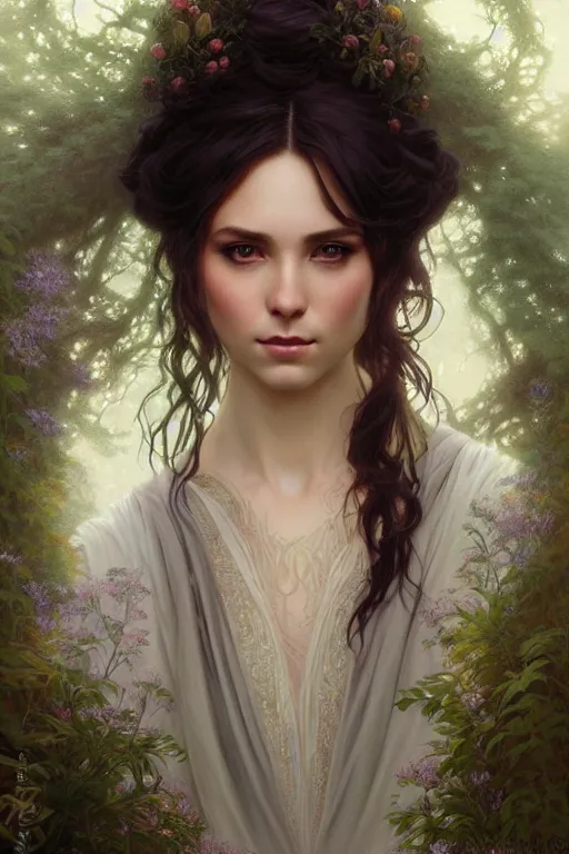 Prompt: portrait of a dark fantasy mystical nature sprite with beautiful face wearing elegant magical robe, alpine high moorland background, elegant, intricate, highly detailed, digital painting, artstation, concept art, sharp focus, illustration, art by artgerm and greg rutkowski and alphonse mucha