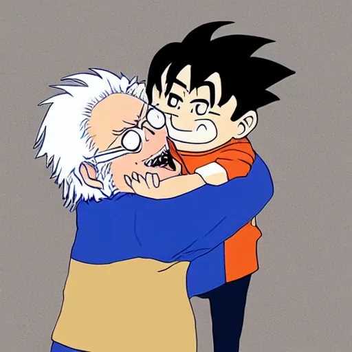 Prompt: bernie sanders hugging goku by studio ghibli