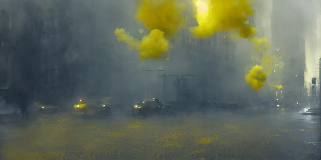 Image similar to kiev city streets covered in yellow and blue smoke, by jeremy mann, by kim keever