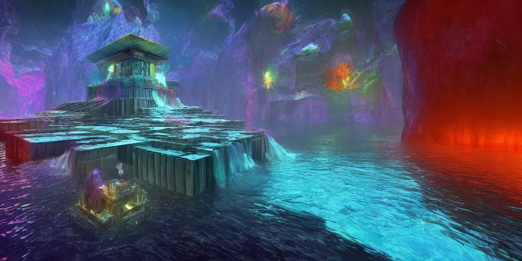 Prompt: floating water temple inside a void, kelly freas, colorful, unreal engine, high contrast, 4 k, desktop wallpaper