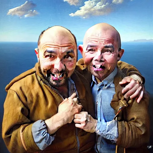 Prompt: oil portrait of karl pilkington and warwick davis, best friends on a travel show. oil painting, highly detailed, centered, artstation, concept art, smooth, sharp focus, illustration, artgerm, vermeer, hans peter mohrbacher, donato giancola, joseph christian leyendecker, drew struzan