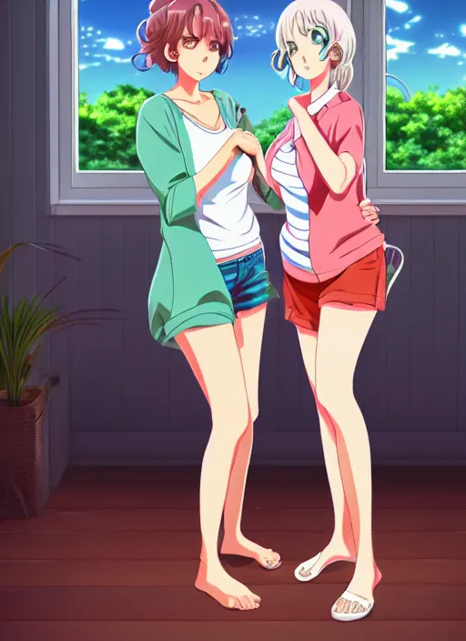 Prompt: two beautiful mature women in a summer home, casual summer clothes, gorgeous faces, thick lines, cinematic lighting, detailed anime art