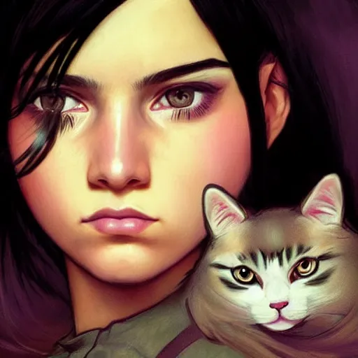 Image similar to emo mexican girl and her cat, with long dark hair, thick eyebrows!!! deep dark big shiny eyes and dark circles!, wide nose!, oval face shape, by juan villafuerte, greg rutkowski and alphonse mucha, pexels contest winner, high quality photo, rtx, hd