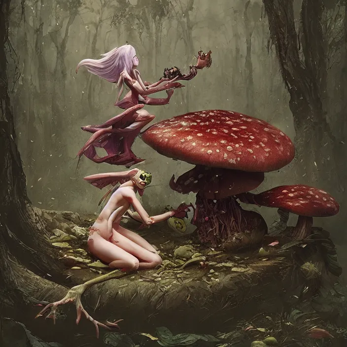 Image similar to Carnivore godlike scary fairy eating a frog alive , giant mushrooms , psychedel tint , Junji Ito and Greg rutkowski , masterpiece , trending on artstation