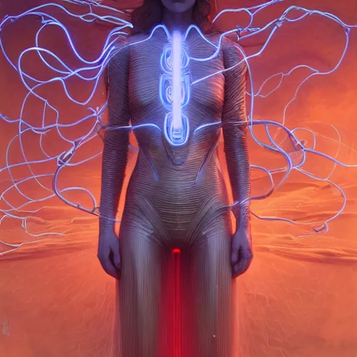 Image similar to Wanda Maximoff, dynamic pose, glowing, wires everywhere, by Edgar Maxence and Ross Tran, Zdzisław Beksiński, and Michael Whelan, distant, gustav dore, H.R. Giger, 8k, octane render