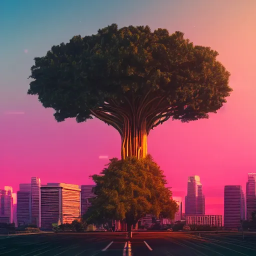 Image similar to synthwave, giant futuristic tree in the middle of the city, sunset, sharp, 4k, 2D