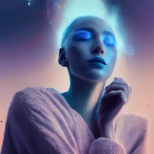 Prompt: sci - fi, 3 d, stars, blonde fashion model face, cinematic, clouds, moon rays, vogue cover style, poster art, blue mood, realistic painting, intricate oil painting, high detail illustration, figurative art, multiple exposure, water, 3 d, by tooth wu and wlop and beeple and greg rutkowski