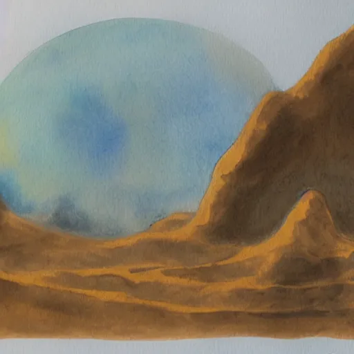 Prompt: a beautiful landscape of an alien planet, with strange terrain not found on earth, watercolor over graphite on vellum golden accented