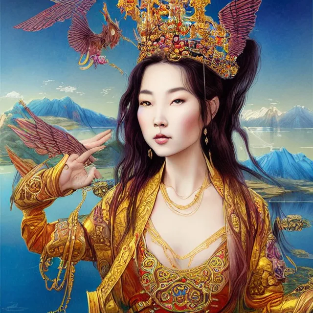 Image similar to in the art style of bagshaw tom artgerm and bowater, charlie, by bagshaw tom, artgerm and bowater, charlie, portrait of a beautiful asian mongolian princess goddess spreading its wings, portrait of princess wearing a beautiful ornate crown, in the background lake baikal is seen