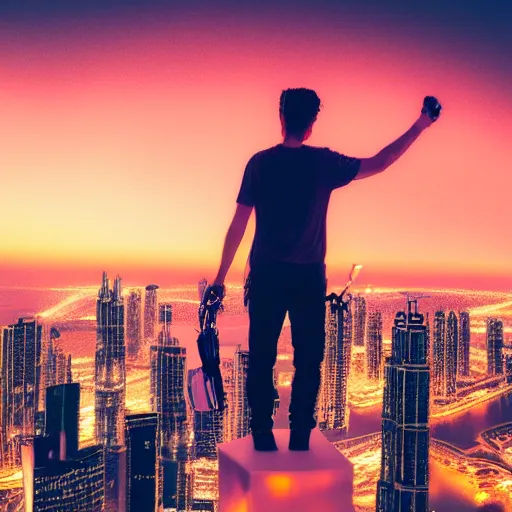 Prompt: closeup of a man [ standing on the pinnacle of the burj khalifa ]!!, holding a camera, viewing out into a futuristically adequate city, dusk atmosphere, digital art, [ synthwave style ]!!, golden ratio!!, centered!!