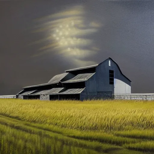 Image similar to exterior view of modern futuristic farm barn architecture, silo, feed troughs, cows, pigs, chickens, detailed luminescent oil painting 4 k