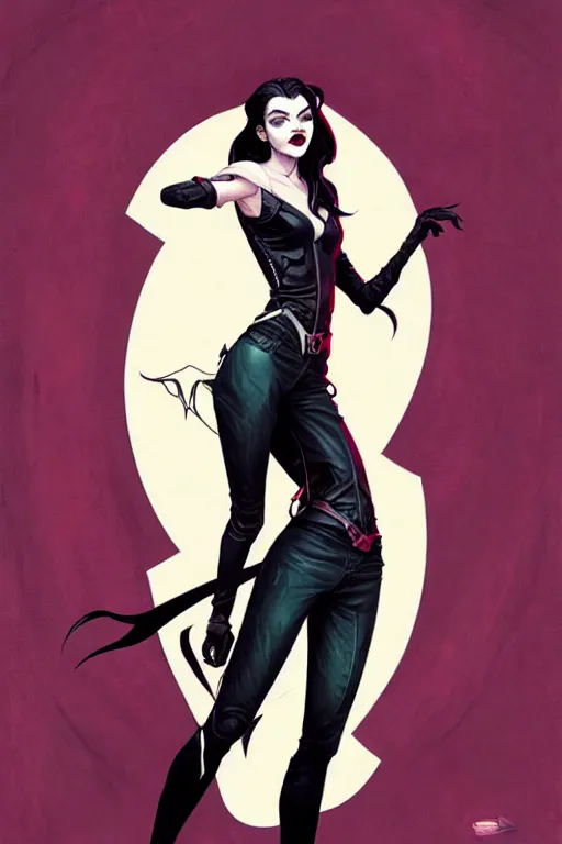 Image similar to rafael albuquerque comic art, art nouveau, peter mohrbacher, artgerm, pretty anya taylor - joy vampire sharp vampire teeth open mouth, symmetrical eyes, black leather jacket, jeans, long blonde hair, full body