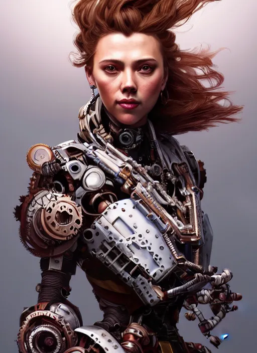 Prompt: portrait of scarlett johannson, robot steampunk, floral! horizon zero dawn machine, intricate, elegant, highly detailed, ray tracing, digital painting, artstation, concept art, smooth, sharp focus, illustration, art by artgerm and greg rutkowski and alphonse mucha, 8 k