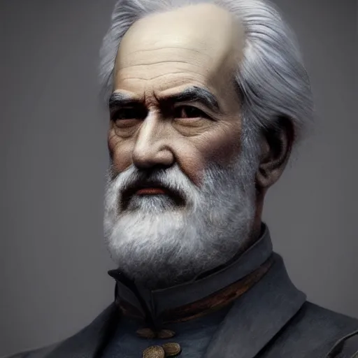 Image similar to hyperrealistic mixed media image of Robert E Lee, stunning 3d render inspired art by István Sándorfi and Greg Rutkowski, perfect facial symmetry, realistic, highly detailed attributes and atmosphere, dim volumetric cinematic lighting, 8k octane extremely hyper-detailed render, post-processing, masterpiece,