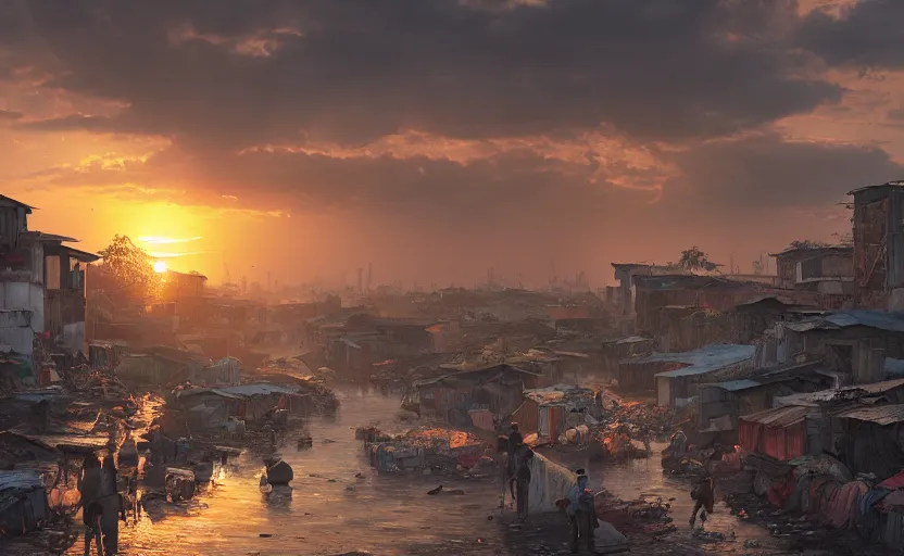 Prompt: beautiful landscape painting of the slums of tondo manila, sunrise, god's rays highly detailed, vivid color, cinematic lighting, perfect composition, 8 k, gustave dore, derek zabrocki, greg rutkowski, belsinski, octane render