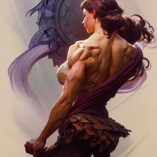 Image similar to , muscular upper body, D&D, fantasy, intricate, elegant, highly detailed, digital painting, artstation, concept art, smooth, sharp focus, illustration, art by artgerm and greg rutkowski and alphonse mucha