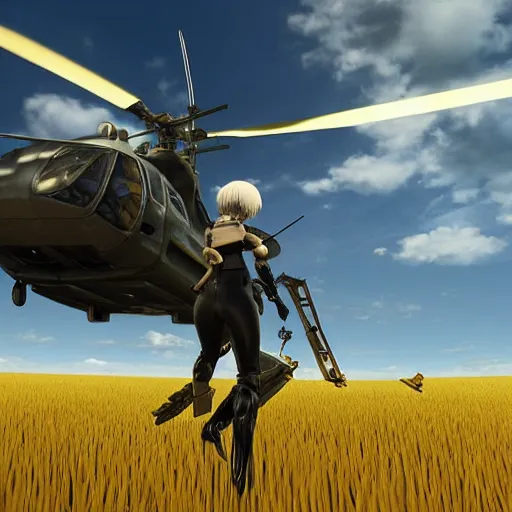 Prompt: a high resolution very detailed image of 9 s downing a helicopter in boss fight from nier : automata in yellow rye field under pure blue skies