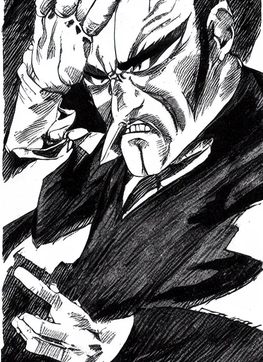 Prompt: heihachi dressed formally, smoking a cigar in the style of keisuke itagaki, manga illustration