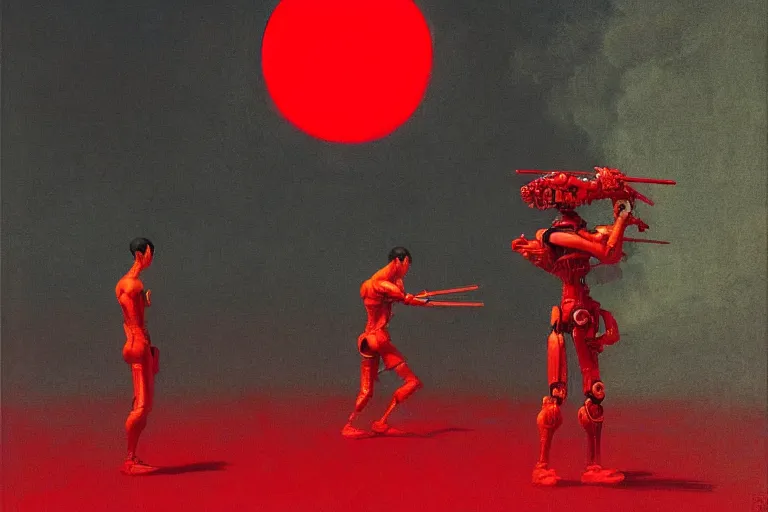 Image similar to only with red, a red cyborg samurai, tokio futuristic in background, some evil yokai, in the style of beksinski, parts by edward hopper, parts by rodcenko, parts by yue minjun, intricate and epic composition, red by caravaggio, insanely quality, highly detailed, masterpiece, red light, artstation, 4 k