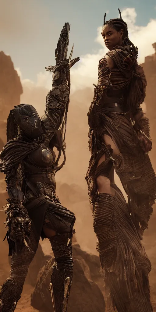 Image similar to two fighting tribeswoman,vertical composition, destroyed armor, inspired by monster hunter and westerns, muscular body, clean beautiful symmetrical face, subtle make up, epic,dramatic lighting, cinematic, establishing shot, extremely high detail, photorealistic, black panther the movie and dune the movie and cyberpunk, cinematic lighting, artstation, octane render, western,old photo, vintage