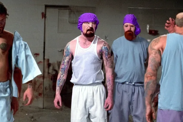 Prompt: walter white as a white gang member wearing a purple head covering made from a polyester or nylon material and a stained white tank top beating up a rival gang member in the prison yard, arms covered in gang tattoo, paparazzi, leaked footage, uncomfortable, bad quality