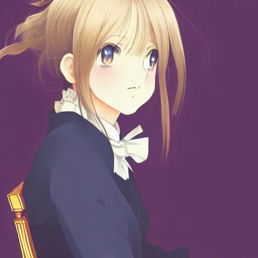 Image similar to a character portrait of violet evergarden, sitting down on a chair in a victorian home background, style of kyoto animations, trending on pixiv, anime, high detail, character accurate