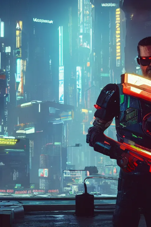 Image similar to gordon freeman in cyberpunk 2 0 7 7, medium shot, background is filled with neon lights and futuristic vehicles, trending on artstation, ultra realistic, 4 k