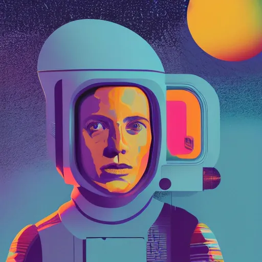 Prompt: editorial illustration interior portrait of space ship with a young astronaut girl, colorful modern, mads berg, karolis strautniekas, christopher balaskas, fine texture, dynamic composition, detailed, matte print, dynamic perspective, halftone texture, muted color, lomography, risograph