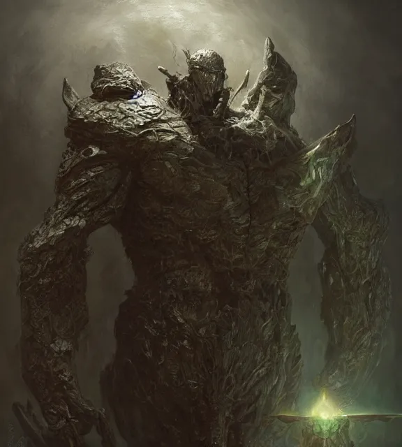 Prompt: crystal golem concept, beksinski, age of sigma art, frank franzetta, ruan jia, dark soul armor concept, trending on artstation, wayne barlowe, adrian smith fantasy art, elden ring art, the hobbit art, lord of the ring art, infinity blade armor