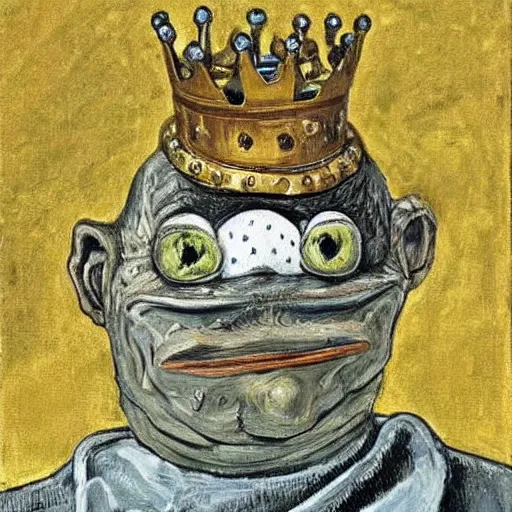 Prompt: pepe the frog as a king of england, painting by Lucien Freud,