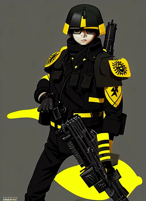 Image similar to a film still portrait of a vicious helldiver scout soldier, black armor with yellow accents, ilya kuvshinov, anime, pixiv top monthly, trending on artstation, cinematic, danbooru, zerochan art, kyoto animation