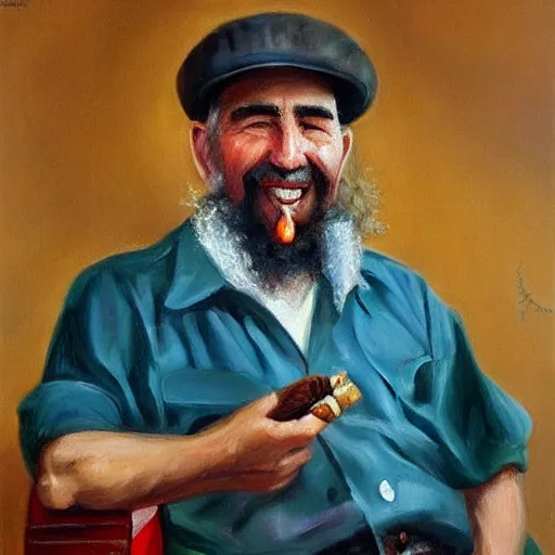 Image similar to oil painted portrait of fidel castro smiling with a cigar - warm colors - cuba - havana - style of sophie anderson - artstation trending