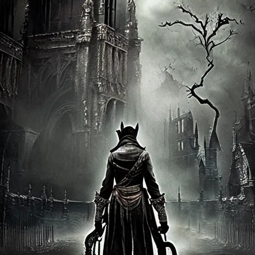 Prompt: bloodborne live action movie, high quality production still, gothic horror, 1970s, retro film grain