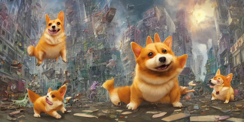 Prompt: cute mutated corgi monsters destroying the city, by Alyssa Monks, Andreas Rocha, David Kassan, Neil Blevins, Tuomas Korpi, ArtGerm , trending on Artstation, 8k, masterpiece, graffiti, hiphop