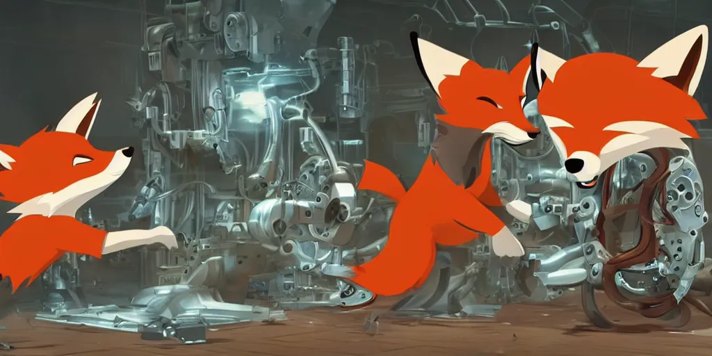 Prompt: anthropomorphic fox fighting a mechanical monster