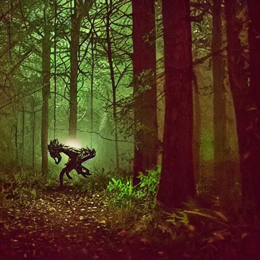 Image similar to a demogorgon spotted in the woods at night, trail cam footage