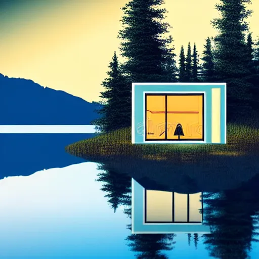 Image similar to small sci - fi cottage at the edge of a lake in the mountains, retro illustration on parchment, soft glowing windows, early evening, reflections, pine trees,