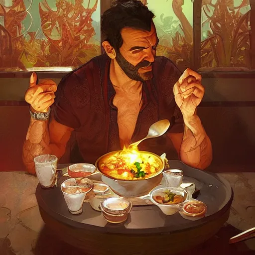 Image similar to trevor philips eating moroccan tagine, highly detailed, digital painting, artstation, concept art, smooth, sharp focus, illustration, art by artgerm and greg rutkowski and alphonse mucha