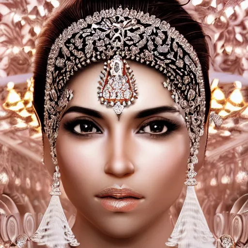 Image similar to portrait of wonderful hindi princess of white diamonds with fair skin, white flowers, ornate with white diamonds, 8 k, gorgeous, intricate, detailed, glowing white accent lighting, dramatic lighting, octane render