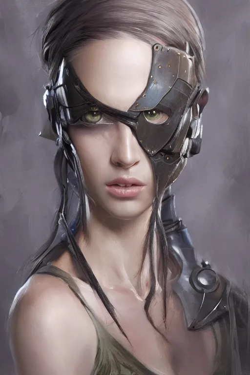 Image similar to a photorealistic painting of an attractive young female, partially clothed in battle armor, olive skin, long dark hair, beautiful bone structure, symmetrical facial features, intricate, elegant, digital painting, concept art, illustration, sharp focus, from Metal Gear, in the style of Ruan Jia and Mandy Jurgens and GregRutkowski and William-Adolphe Bouguerea