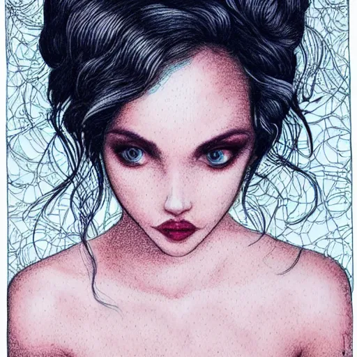 Image similar to beautiful pale brunette with giant soft dreamy eyes. Fine detailed colored ink drawing blotter art.
