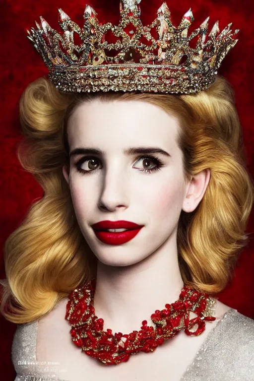 Prompt: head shot portrait of beautiful emma roberts as a queen in a vivienne westwood dress with shiny ruby ornaments, glitter make up, painted by uang guangjian and gil elvgren and sachin ten, highly detailed artwork